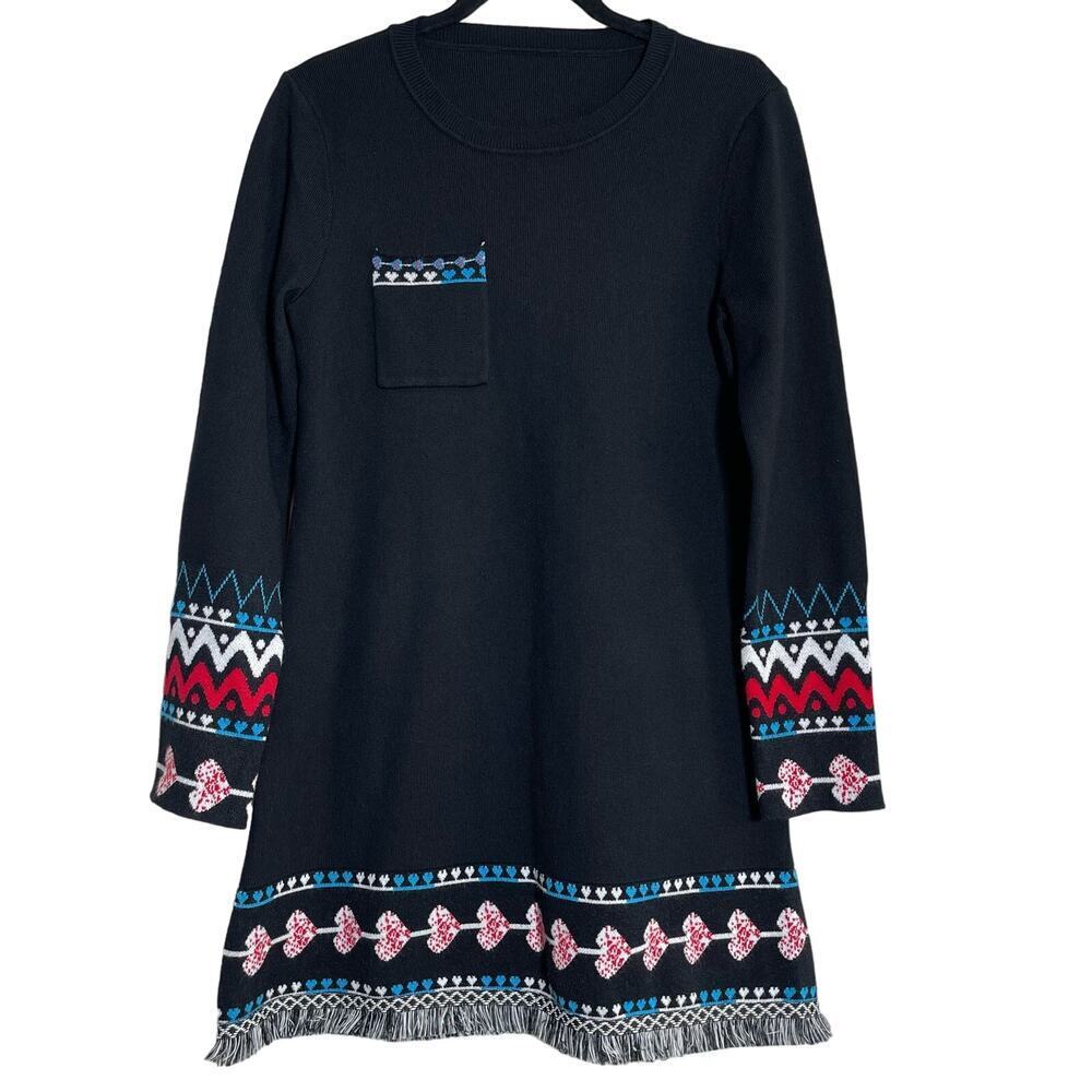 Western Knit Sweater Dress Tribal Fringe Hem Heart Print Women's